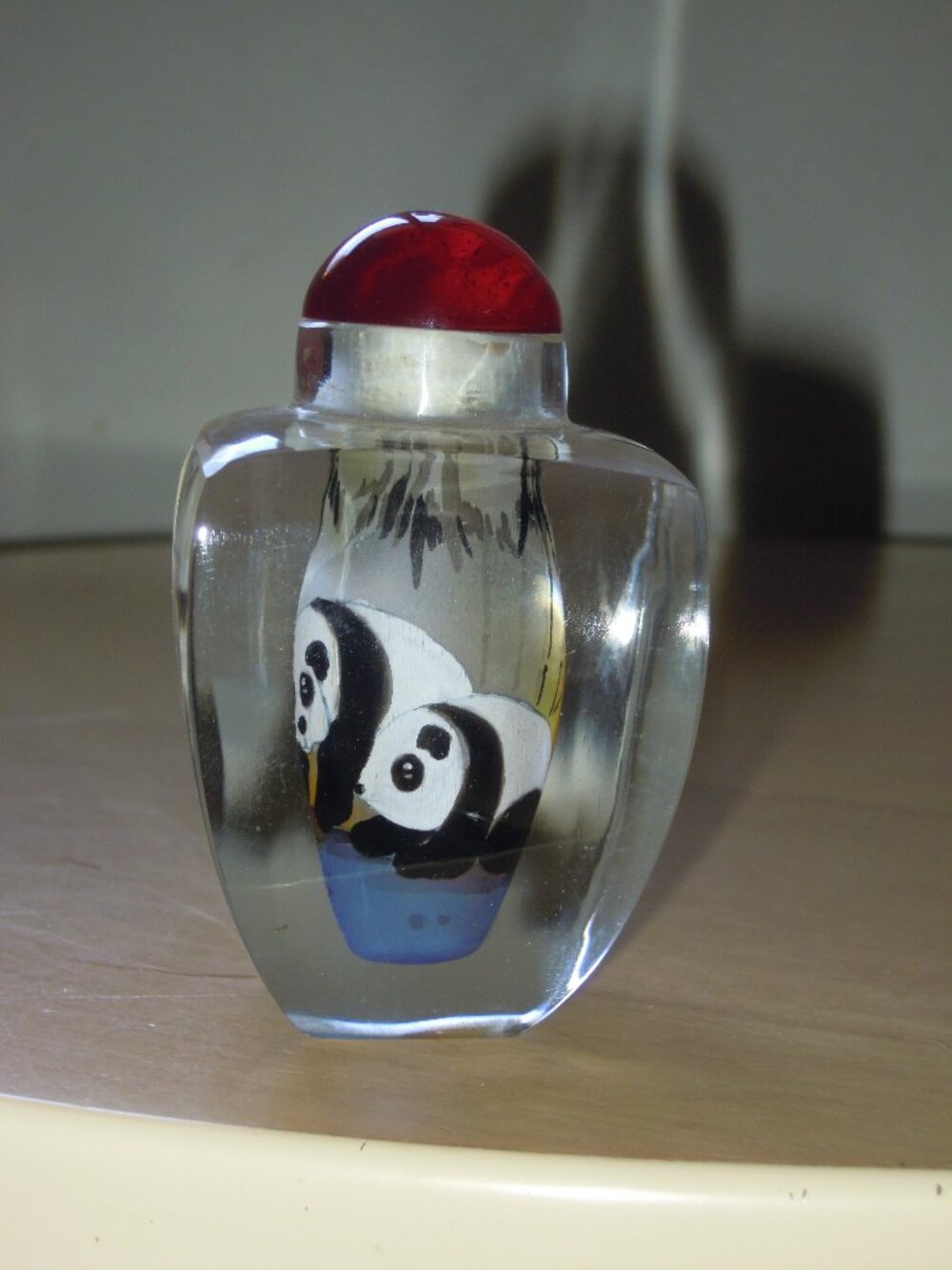 Large Reverse Painted Chinese Crystal Snuff or Perfume Bottle Two Pandas w Box